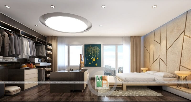 Mẫu thiết kế phòng ngủ chung cư đẹp sử dụng đồ nội thất gỗ hiện đại với cách bố trí hợp lí, tinh tế mang đến vẻ đẹp vẻ đẹp sang trọng và đẳng cấp. Mẫu nội thất chung cư