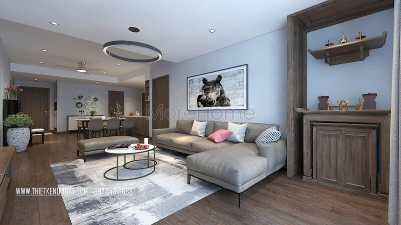 Thiết kế nội thất phòng khách chung cư hiện đại với những mẫu đồ nội thất đơn giản, đa năng và có gam màu nhẹ nhàng, tươi sáng Mẫu nội thất chung cư