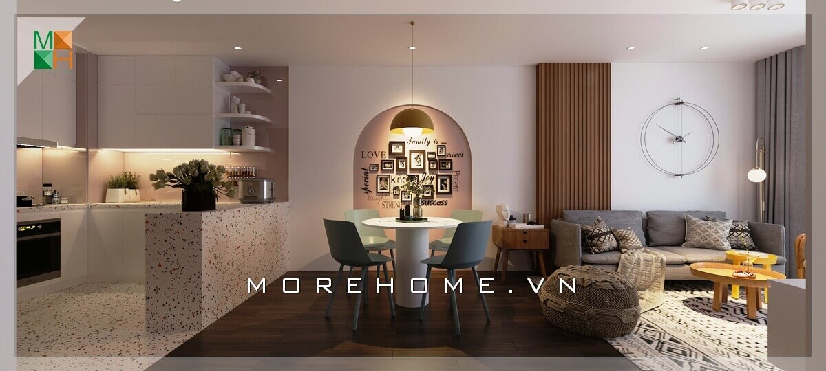 Gam màu hài hòa giữa căn nhà tạo cho không gian ngôi nhà chung cư một cảm giác thông thoáng và thoải mái nhất. Mỗi một phòng được sắp xếp nội thất riêng biệt nhưng vẫn tạo nên thể thông nhất cho căn nhà được liền mạch và tiện nghi. Thiết kế chung cư