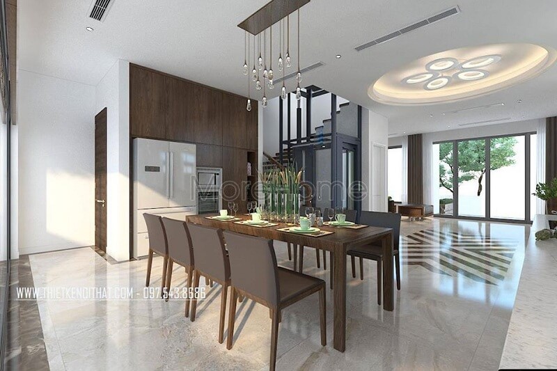 Thiết kế nội thất phòng ăn biệt thự hiện đại với sự xuất hiện của bộ bàn ăn gỗ tự nhiên tạo điểm nhấn nổi bật cuốn hút Thiết kế phòng ăn biệt thự