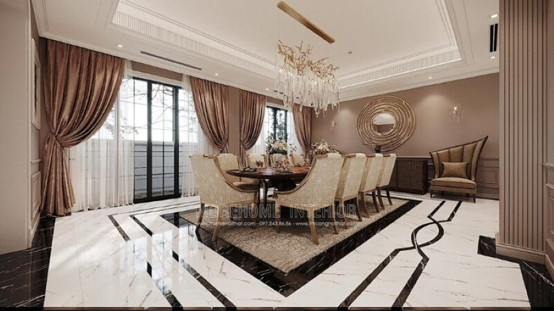 Mẫu đèn thả bàn ăn pha lê kiểu dáng mới lạ đã tạo nên vẻ đẹp cuốn hút, sang trọng cho không gian đương đại. Thiết kế phòng ăn biệt thự