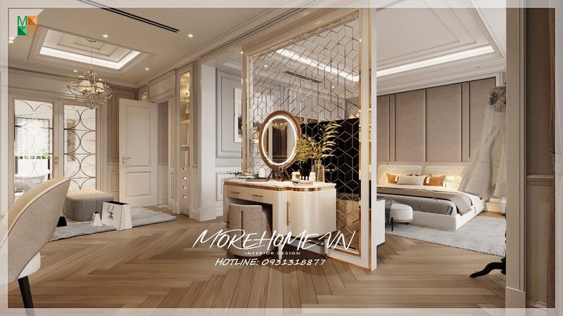 Bàn trang điểm một món đồ nội thất không thể thiếu được trong không gian phòng ngủ master hiện đại cao cấp. Bàn trang điểm được thiết kế tỷ mỉ, các đường nét chau chuốt tạo nên vẻ mềm mại thanh thoát của chiếc bàn.