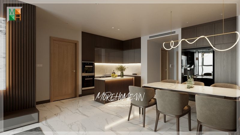 Phòng ăn liền bếp căn hộ được xem là giải pháp hiệu quả cho không gian không được rộng nội thất thiết kế hợp lí mang lại sự tiện nghi trong sử dụng và thẩm mỹ cao cho không gian