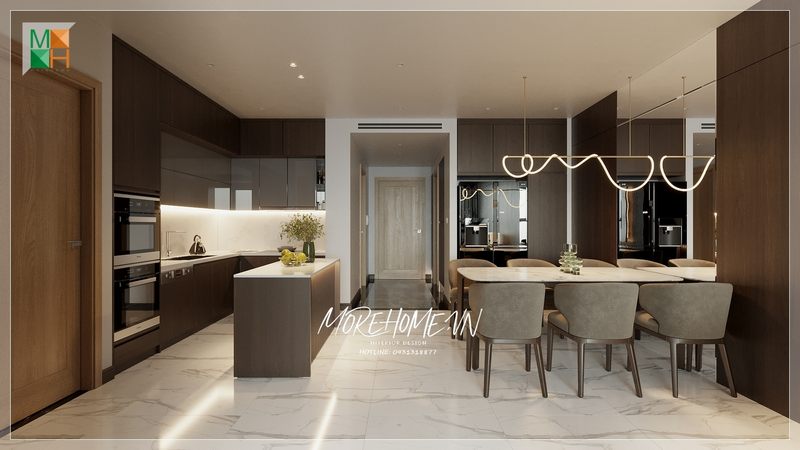 Trang trí phòng ăn liền bếp căn hộ nội thất hiện đại phục vụ tốt cho quá trình sử dụng của gia chủ và tính thẩm mỹ cho không gian cao.