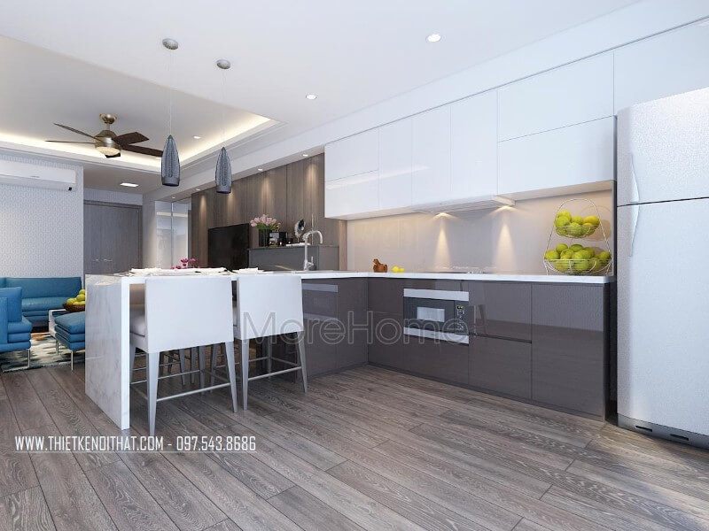 Phòng bếp có đá ốp bếp màu trắng vân mây mang lại ấn tượng tuyệt vời cho gia chủ.